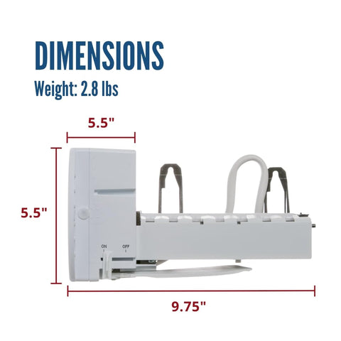 Dimensions of Refrigerator Ice Maker Kit WR30X10093 Compatible Replacement For Refrigerators, plug and play design shown.