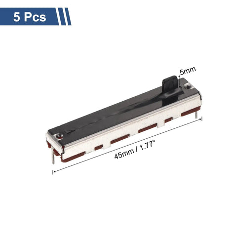 Five Pack Straight Linear Slide Potentiometers, 3 Pin B10K, 45mm Body With 30mm Travel And 5mm Handle Faders For Dimming