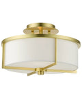 Two Light Satin Brass Stylish Semi Flush Ceiling Light With Off White Hardback Fabric Shade From Wesley Collection