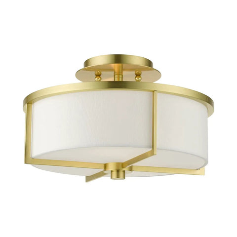 Two Light Satin Brass Stylish Semi Flush Ceiling Light With Off White Hardback Fabric Shade From Wesley Collection