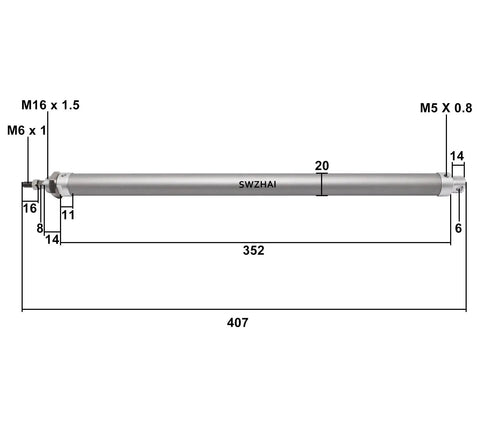 Technical diagram of Compact 16mm Bore 300mm Stroke Air Cylinder Double Action Single Rod With Y Connector And Four Pneumatic Quick Fittings MAL16x300