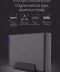 Aluminum 3.5 Inch Type C To SATA 3.0 External Hard Drive Enclosure Rock Solid Vertical Design displaying dock with blue LED.