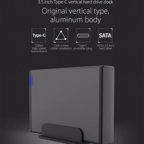 Aluminum 3.5 Inch Type C To SATA 3.0 External Hard Drive Enclosure Rock Solid Vertical Design displaying dock with blue LED.