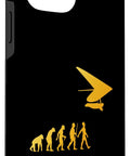 Hang Glider Art IPhone 13 Pro Max Case For Men And Women Funny Hang Gliding Design Phone Cover For Air Sports Lovers Outdoor Flyers Gift Idea Cool Glide Theme Gadget Accessory For Travelers, black case with yellow evolution of man to hang glider graphic.