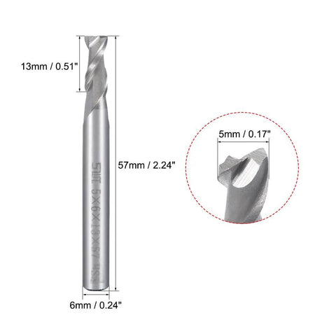 uxcell 3-pack end mill cutter: 6mm shank, 5x13mm straight flat-nose, 2-flute CNC router bit, front view
