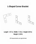 Diagram of 1.57 Inch L Shaped Corner Bracket Gold Iron Angle Brace for furniture assembly showing dimensions and weight