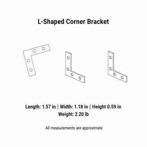 Diagram of 1.57 Inch L Shaped Corner Bracket Gold Iron Angle Brace for furniture assembly showing dimensions and weight