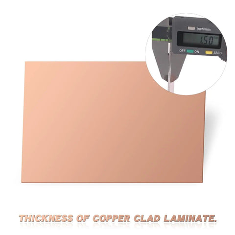 Single-Sided Copper Clad FR-4 PCB Laminate For Etching And DIY Prototyping Board showing 150 mm by 200 mm size and 1.5 mm thickness