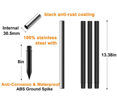 Outdoor Light Pole Extension Kit 55 Inch Stainless Steel Poles With ABS Stakes For Amped Up Garden Lights And Torches At The Patio Parties And Weddings 1.2 Inch Inner Diameter 2 Sets 10 Pieces, showing components and sizes.