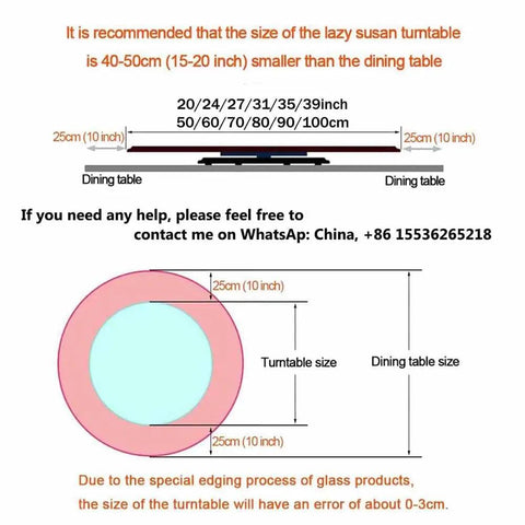 Infographic showing size recommendations for Heavy Duty Black Tempered Glass Lazy Susan Serving Turntable in various formats.