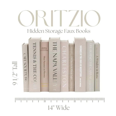 Nine Faux Books With Hidden Storage Set For Modern Shelves And Coffee Tables in neutral paper wrap, 14 inches wide