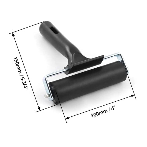 Sturdy 4 Inch Rubber Roller Workhorse for Tape, Print, Wallpapers, and Scrapbooks with Easy Grip Handle, shown with measurements