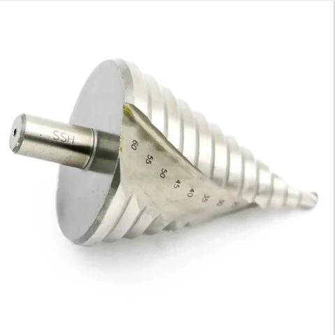 Built Like A Tank HSS Step Drill Bit 6-60mm with spiral grooves and triangle handle for precise hole cutting.