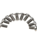 Rock Solid Gr1 Titanium M3 Socket Head Cap Screw Assortment With Ten Heavy Duty Fasteners In Six To Fifteen Millimeter Sizes arranged in a curve.