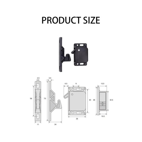 4 Pack Drawer Latches For RV And Camper Cabinets And Home Storage Secure Cabinet Doors With Durable Cabinet Door Catches Built For Road Trips And Everyday On The Go, showing product size and dimensions.