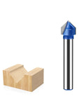 Get Your 6mm Carbide Tipped V Groove Router Bit For Smooth Cuts In Wood And Acrylic With Anti Kickback Safety Design, side view on wood.