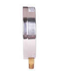 Side view of Beefy Stainless Steel Case Contractor Pressure Gauge 0 To 100 PSI With Four And A Half Inch Dial One Percent Accuracy One Quarter Inch NPT