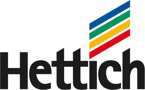 Logo with colorful lines slanting in different directions above the word 'Hettich' in bold black lettering