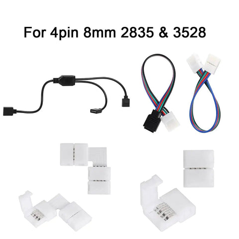 8mm Wide LED Strip Connector Kit 4 Pin RGB Rope Lights Gapless Solderless Clip With 32.8ft Extension Wire And L Shape PCB
