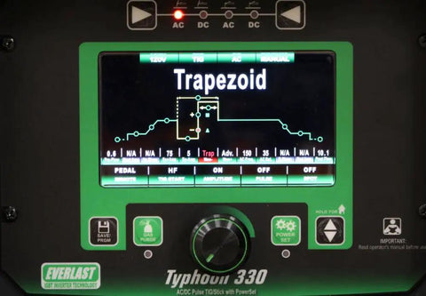Close-up of 330 Series TIG And Stick Welder With Dual Voltage 220 And 240 Volts AC DC TIG interface showing trapezoid waveform
