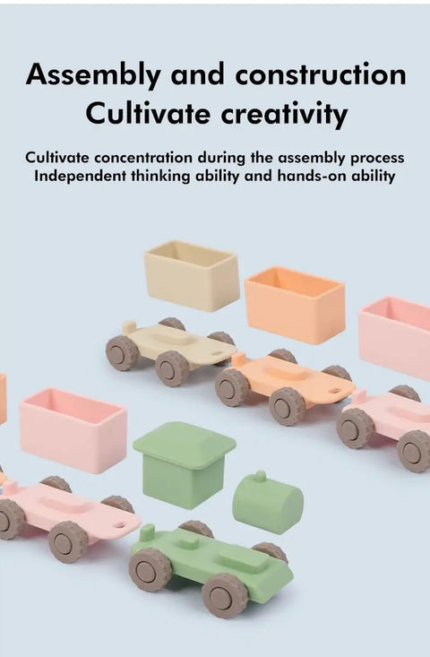Game Changing BPA Free Silicone Toy Train For The Kiddos Push And Pull Stacking Blocks in pastel colors for creative assembly.