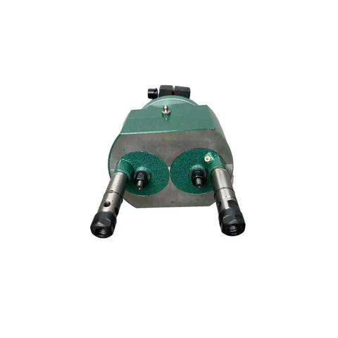 Heavy Hitter Dual Spindle Bench Drill Press Featuring Tight Multi Axis Controls For Quick Precise Tapping And Boring Tasks, dual spindle adapter front view.