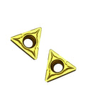 Two gold carbide turning inserts, triangular TCMT16T308 with central mounting hole