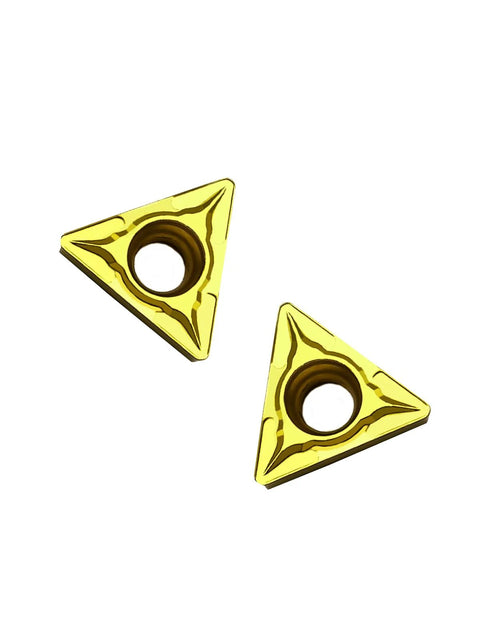 Two gold carbide turning inserts, triangular TCMT16T308 with central mounting hole