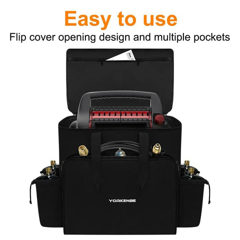 Big Buddy Propane Heater Carry Bag With Water Resistant Shell, showing open top, heater inside, multiple pockets, and handles.