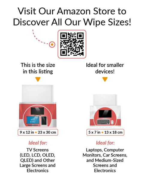 Size comparison of cleaning wipes for electronics, showing 9x12 inch for larger screens and 5x7 inch for smaller devices.