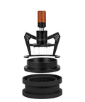 Hella Smooth 58mm Wdt Distribution Tool For Espresso Bars Featuring Ten Adjustable Needles Walnut Grip Dosing Funnel And Stand to break clumps.