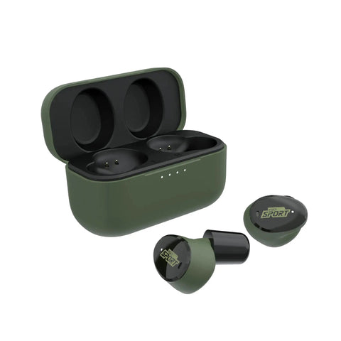 Caliber BT Wireless Shooting Ear Protection For Gun Range With Bluetooth Hearing Protection And Electronic Noise Reduction 25 dB NRR Lightweight Ear Buds For Shooters On The Go shown with case and earbuds