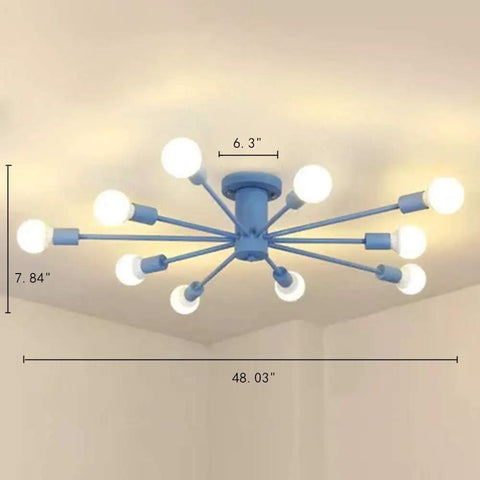 Contemporary Colorful Nordic Sputnik Ceiling Light With 10 Lights Semi Flush Mount Chandelier In Bold Blue Finish