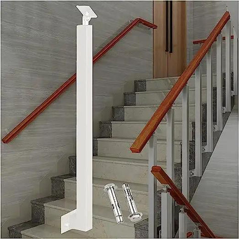 Matte White Square Metal Railing Post For Indoor And Outdoor Deck Stair Handrail Baluster Floor Mount With Adjustable Angle Bracket Knockout Finish No Sweat Setup 1 Piece next to staircase.