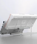 Two Tier Keyboard Display Stand In Clear White Acrylic For Two Mechanical Keyboards Storage And Display Shelf Easy Assembly No Tools Required Keeps Your Desk Lookin Sharp Sleek Desk Organizer For Home Office, side view with keyboards
