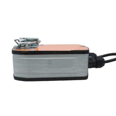 Heavy Duty Rotary Actuator For Ventilation Systems Featuring Straight Up Reliable Four Nm Torque Ac Dc 24 Volts Power, angled side view.