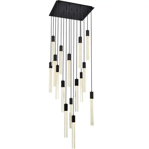 Modern 16 Light Ceiling Pendant With Heavy Duty Black Metal Frame And Crisp Crystal Drops, sleek design with downward-facing elements.