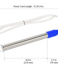 Super Reliable 1000W Stainless Steel Fully Submersible Bucket Water Heater with measurements and blue handle