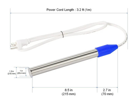 Super Reliable 1000W Stainless Steel Fully Submersible Bucket Water Heater with measurements and blue handle