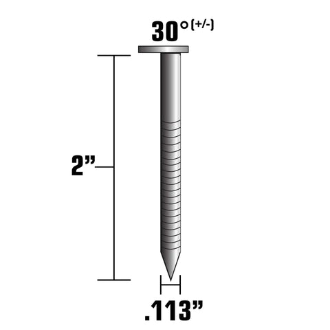 Clipped Head Paper Tape Framing Nails 2 In By 0.113 In Ring Shank Hot Dipped Galvanized 2000 Count 30 Degree For Pressure Treated Wood Sheathing Nails For Framing Projects diagram with dimensions.
