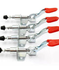 Four Pack Vertical Toggle Clamp Set With Red PVC Handle For Sheet Metal Welding And Electronic Assembly Lightweight Quick Release Hand Tools Secure Locking Plunger Great Grip For DIY Projects Silver
