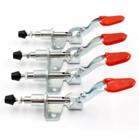 Four Pack Vertical Toggle Clamp Set With Red PVC Handle For Sheet Metal Welding And Electronic Assembly Lightweight Quick Release Hand Tools Secure Locking Plunger Great Grip For DIY Projects Silver