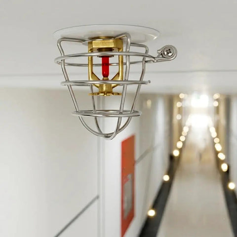 2 Pack Heavy Duty Fire Sprinkler Head Guard Cage For Standard 1/2 And 3/4 Inch NPT Upright Or Pendant Heads, ceiling mounted.