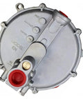 Low-pressure gas regulator with round metal body and red inlet/outlet fittings for natural gas, Amazon brand