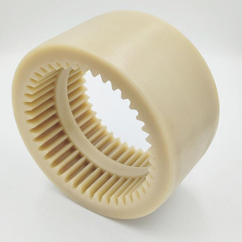 Two Piece M-65 Gear Coupling Sleeve For Flexible Shafts Nylon 132mm OD 42 Tooth 2 Pack Durable Sleeve Fit Compatible With Style Couplings Plug And Play Easy Install And Reliable Power Transfer, beige nylon sleeve on white background