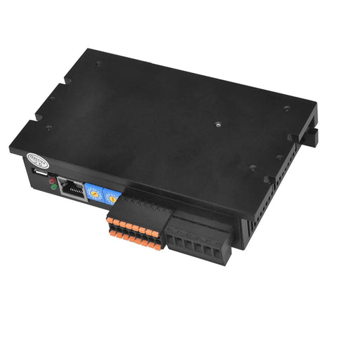 Stepper motor driver module, black with orange terminal blocks and Ethernet port