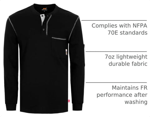 American Made Style Heavy Duty Long Sleeve Fr Work Henley Shirt For Men Built Different 7 Oz Flame Resistant Shop Gear in black.