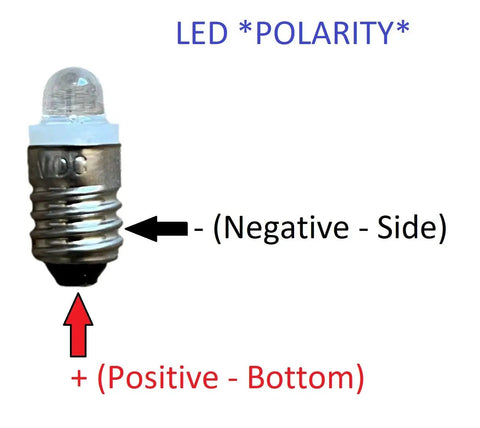 Warm White E10 Mini LED Bulbs Pack of 5 for 3 Volt Small Flashlights and Tiny Lamps polarity diagram
