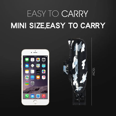 Ultra Compact 2.4GHz 6CH Mini RC Submarine With One Key Dive And Auto Power Off Waterproof Watercraft next to a smartphone for size comparison