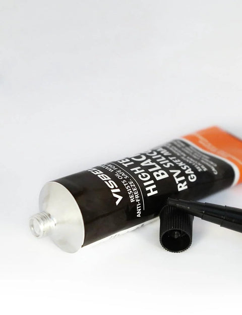 Visbella high-temp RTV silicone gasket maker tube, black label, orange end, 3.7 oz with nozzle cap